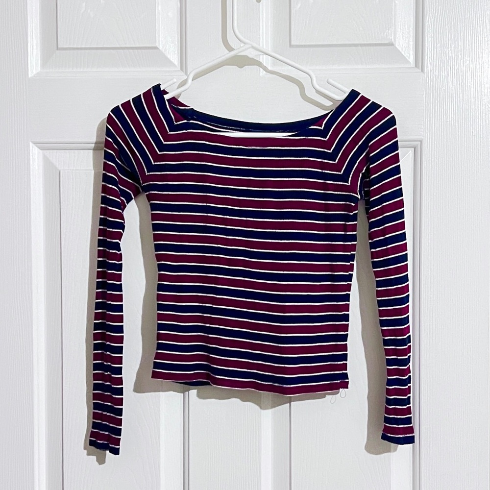 forever 21 blue and burgundy striped long sleeve tee